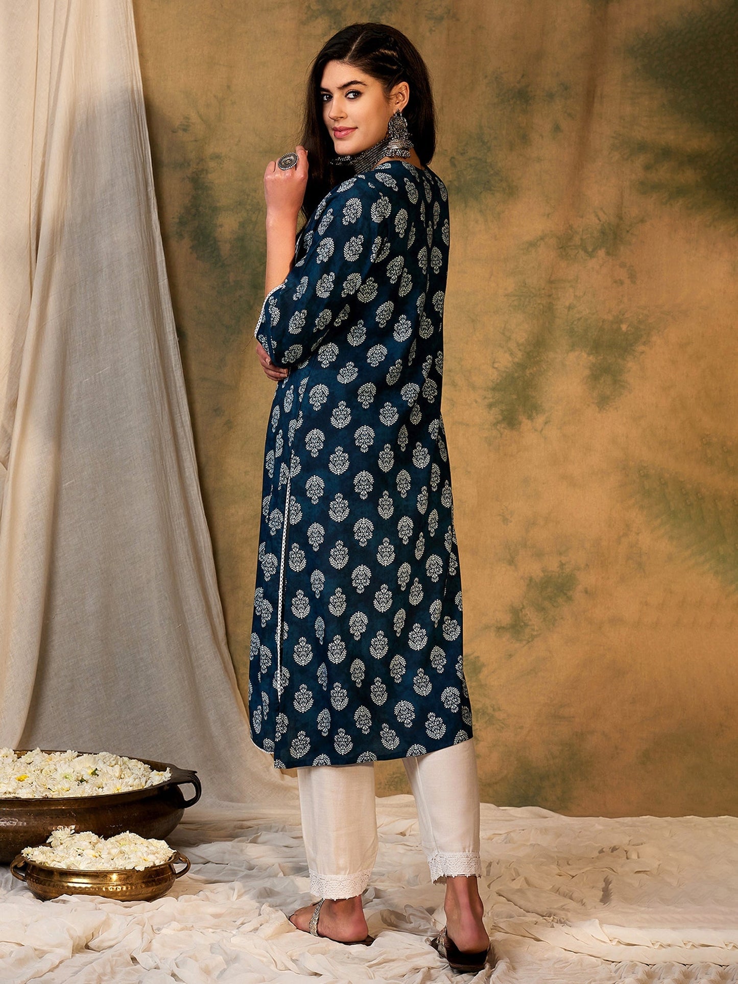 Indo Era Blue Printed Straight Kurtas
