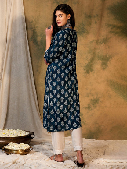 Indo Era Blue Printed Straight Kurtas