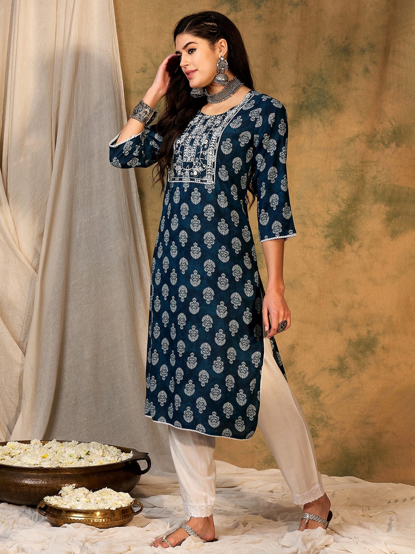 Indo Era Blue Printed Straight Kurtas