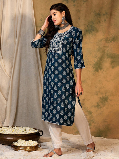Indo Era Blue Printed Straight Kurtas