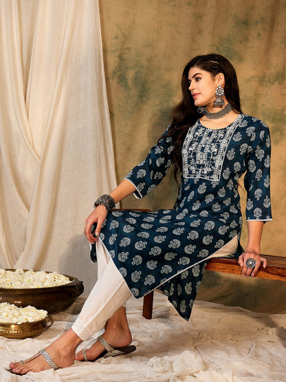 Indo Era Blue Printed Straight Kurtas