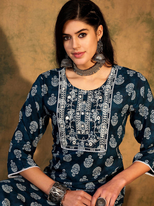 Indo Era Blue Printed Straight Kurtas