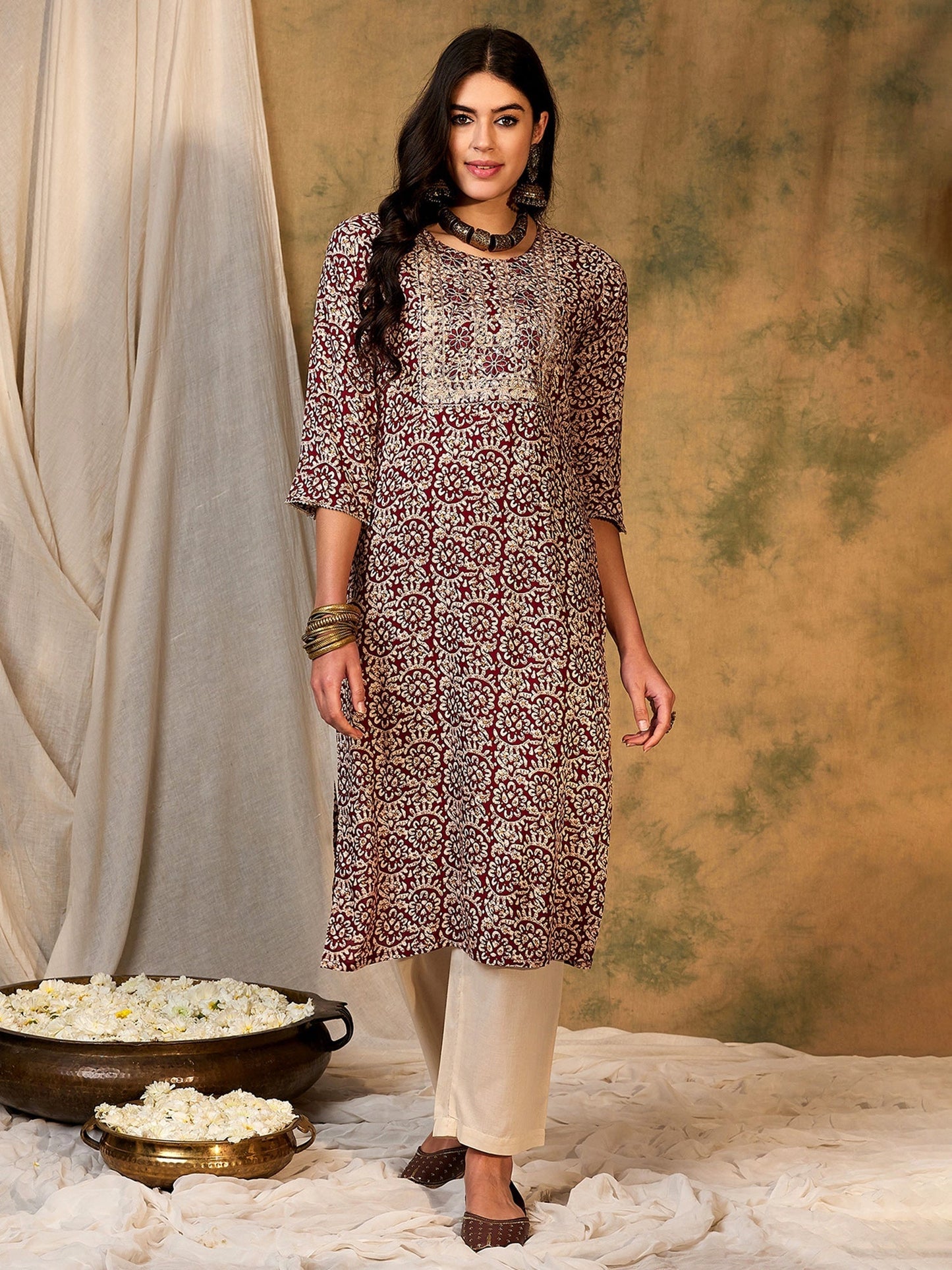 Maroon Printed Straight Kurtas