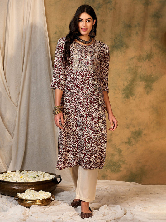 Maroon Printed Straight Kurtas