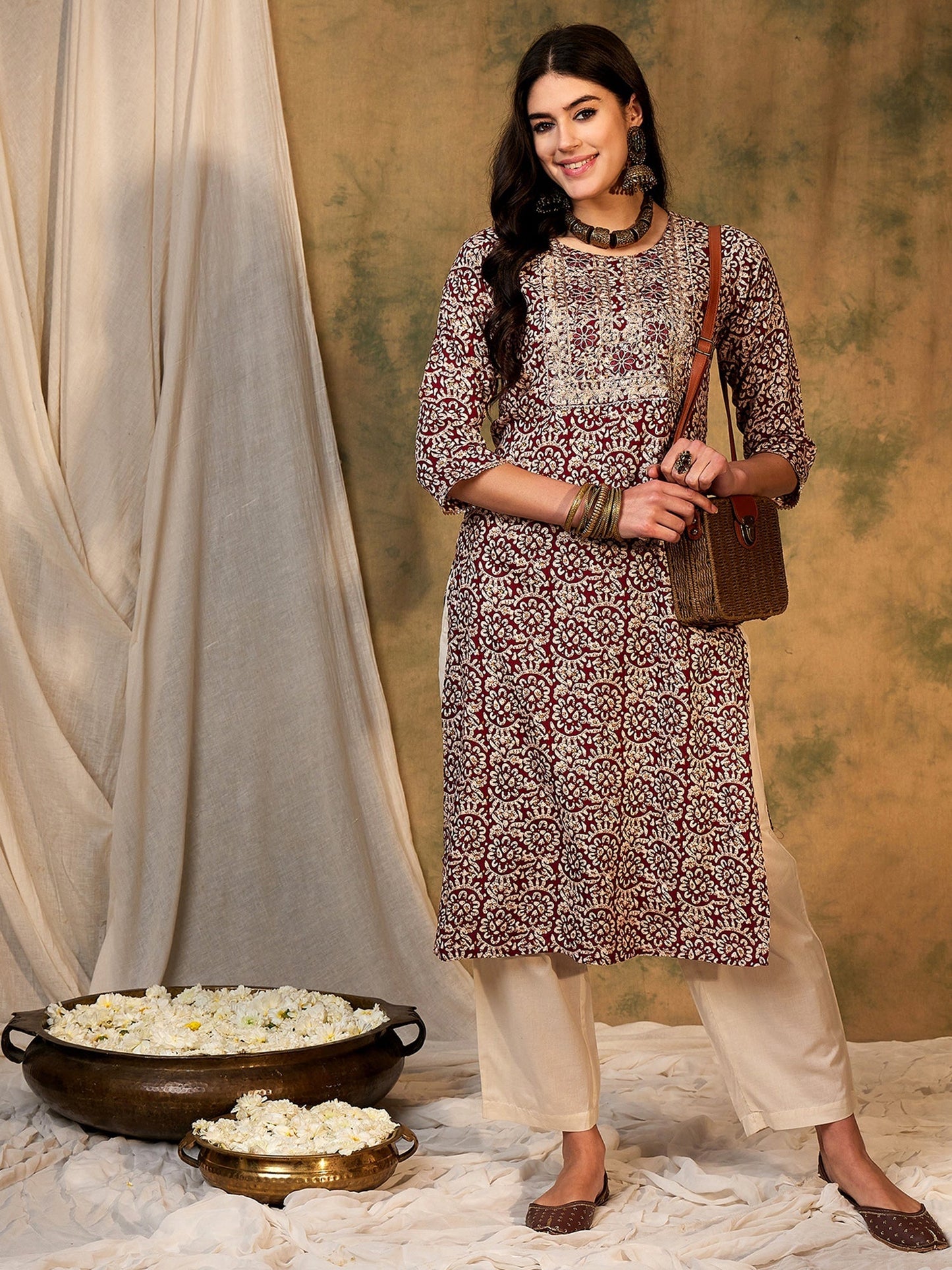 Maroon Printed Straight Kurtas