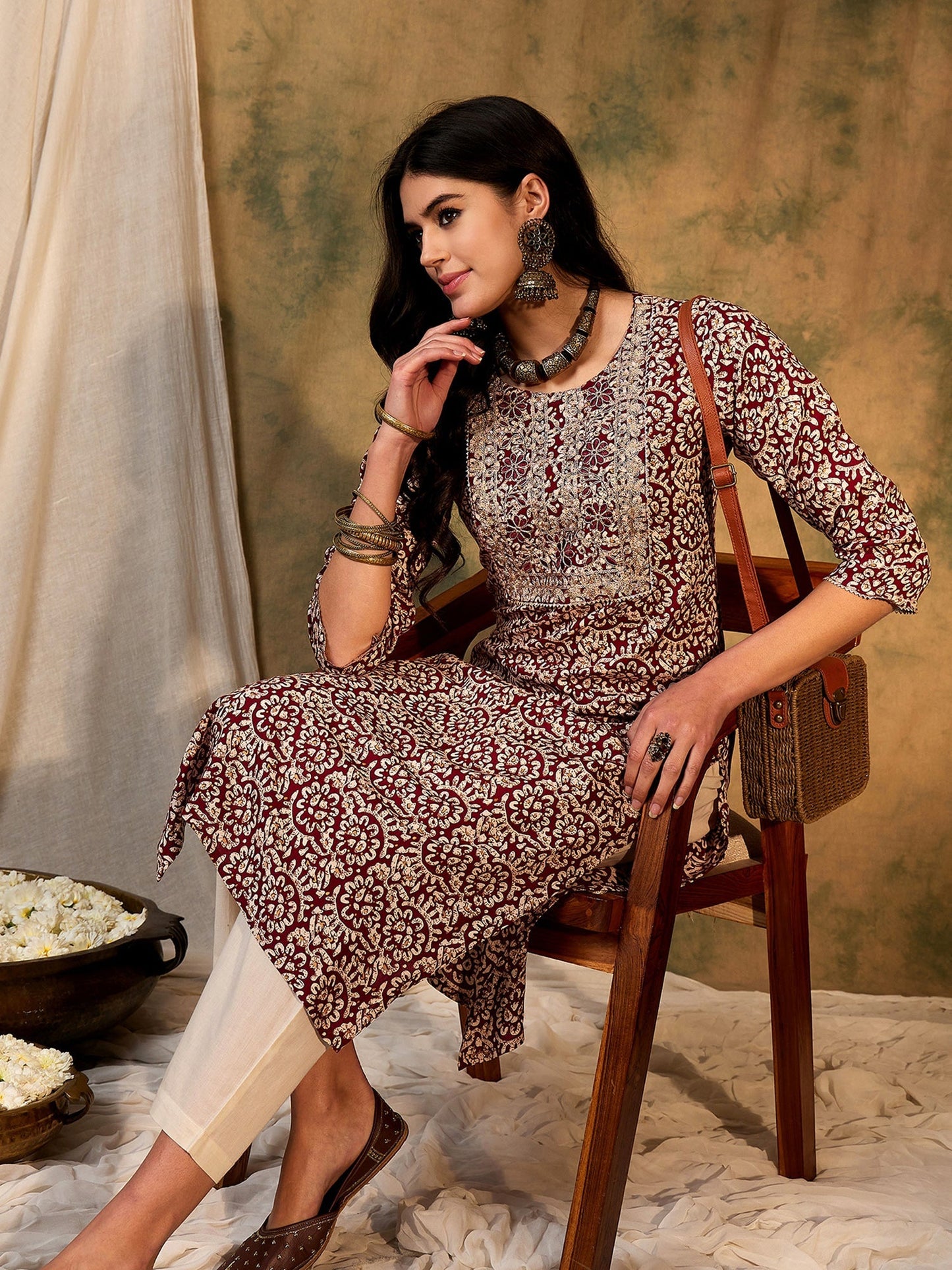 Maroon Printed Straight Kurtas