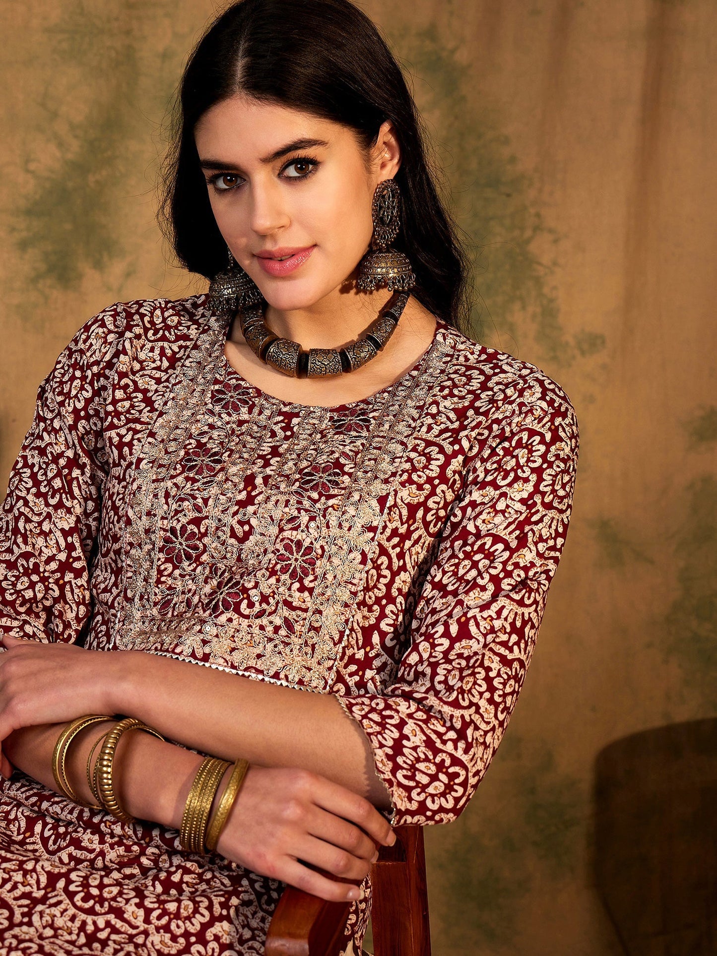 Maroon Printed Straight Kurtas