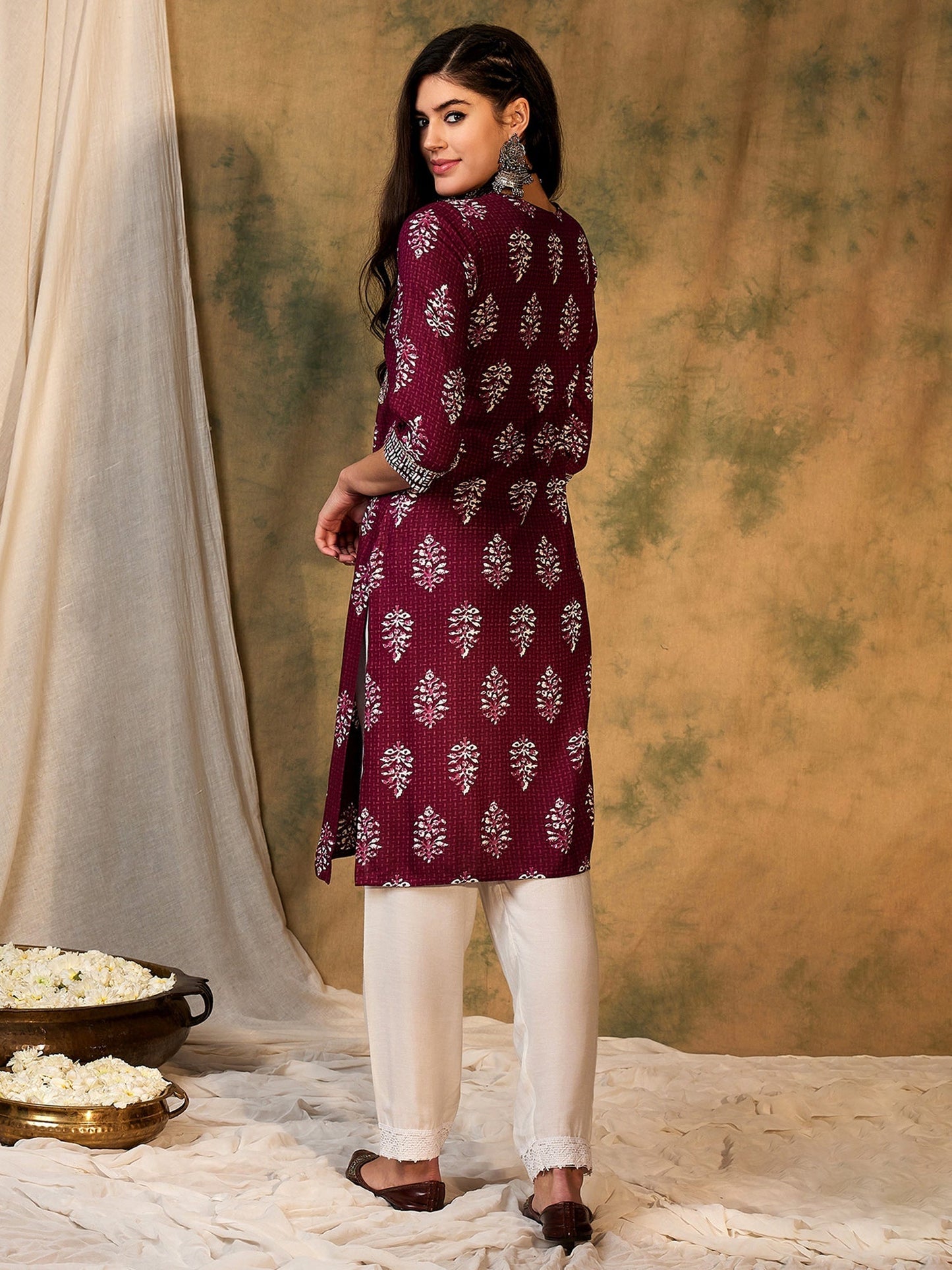 Indo Era Burgundy Printed Straight Kurtas