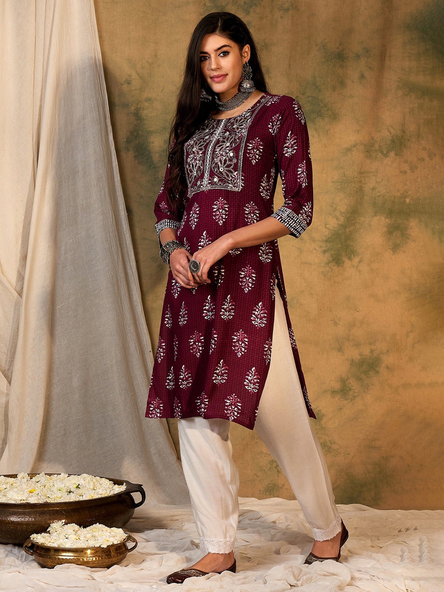 Indo Era Burgundy Printed Straight Kurtas