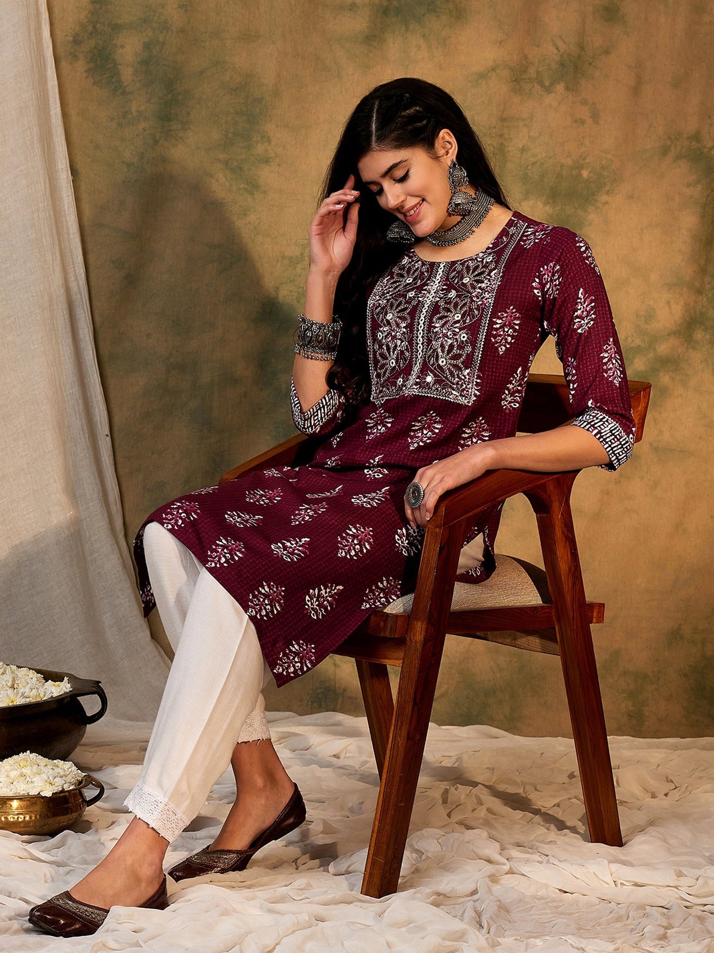 Indo Era Burgundy Printed Straight Kurtas