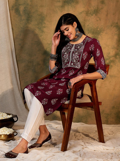 Indo Era Burgundy Printed Straight Kurtas