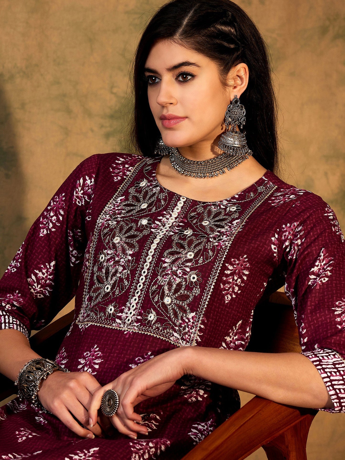 Indo Era Burgundy Printed Straight Kurtas
