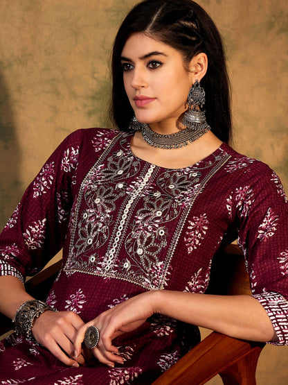 Indo Era Burgundy Printed Straight Kurtas