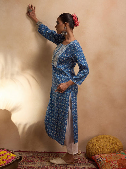 Indo Era Blue Printed Straight Kurtas