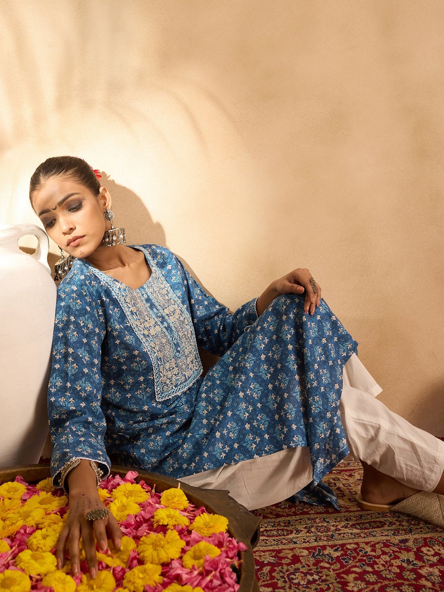 Indo Era Blue Printed Straight Kurtas
