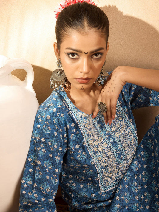 Indo Era Blue Printed Straight Kurtas