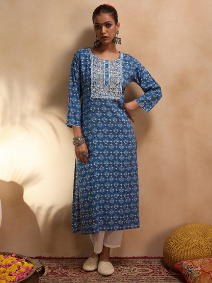 Indo Era Blue Printed Straight Kurtas