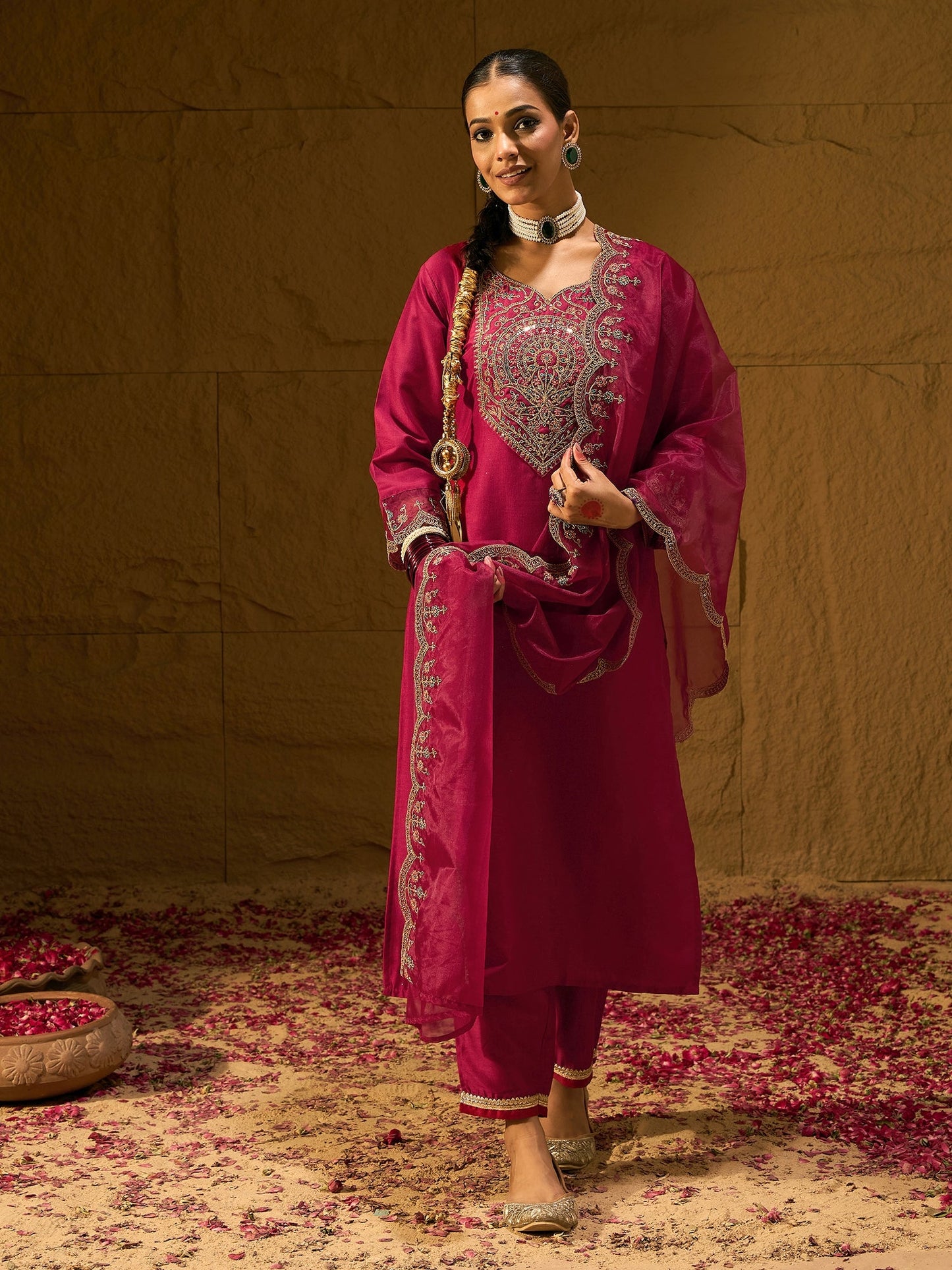 Maroon Embroidered Straight Kurta Trousers With Dupatta set