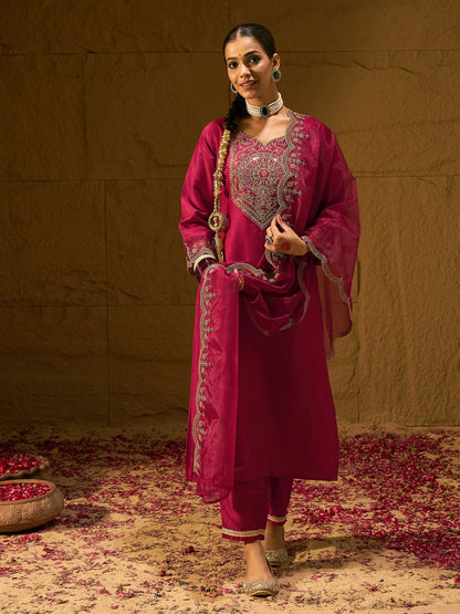 Maroon Embroidered Straight Kurta Trousers With Dupatta set