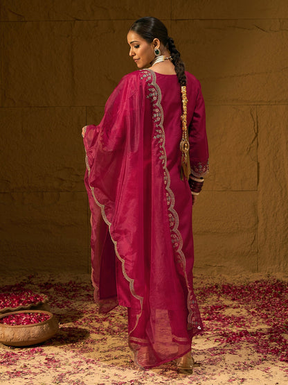 Maroon Embroidered Straight Kurta Trousers With Dupatta set