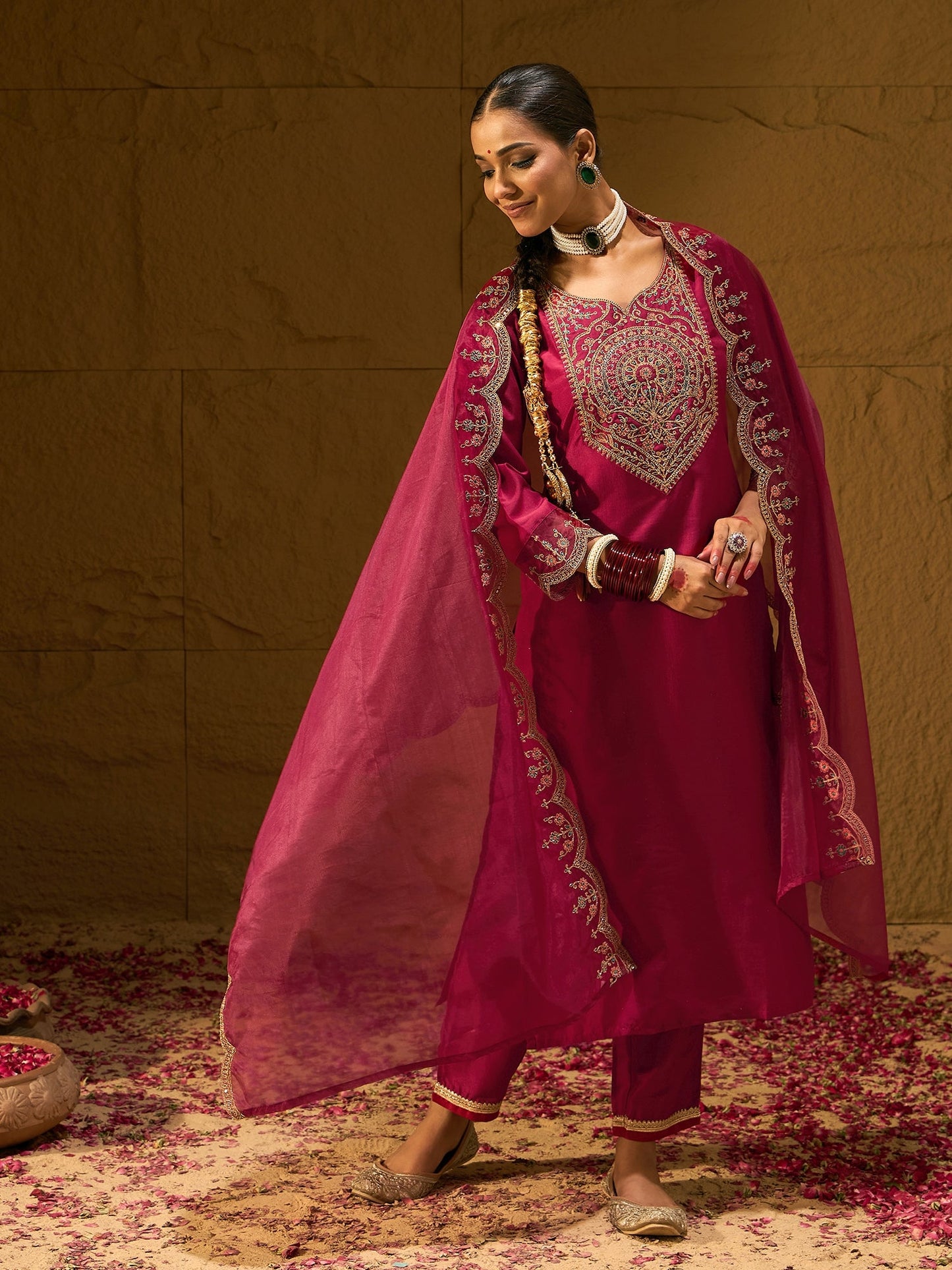 Maroon Embroidered Straight Kurta Trousers With Dupatta set