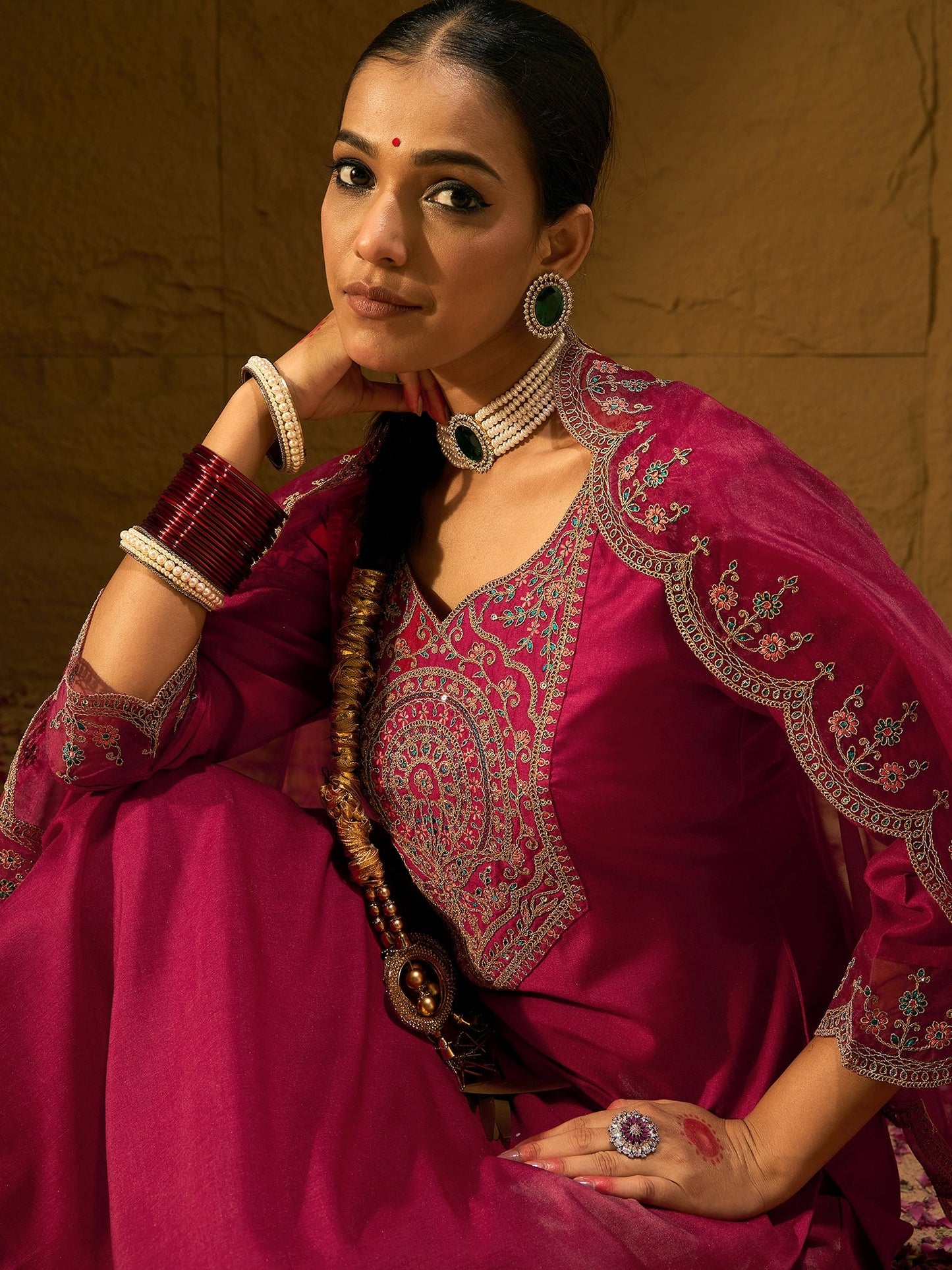 Maroon Embroidered Straight Kurta Trousers With Dupatta set