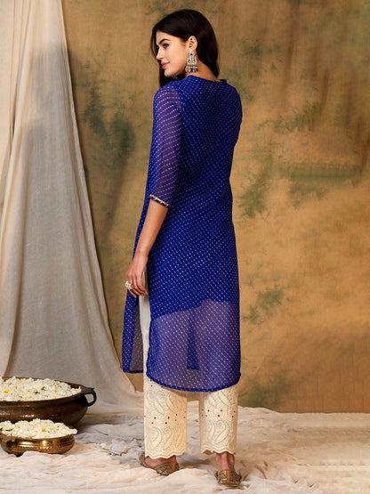 Indo Era Blue Printed Straight Kurtas