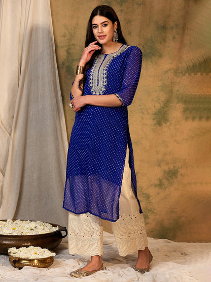 Indo Era Blue Printed Straight Kurtas