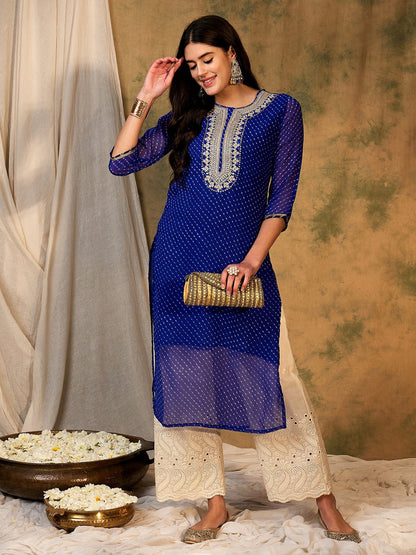 Indo Era Blue Printed Straight Kurtas