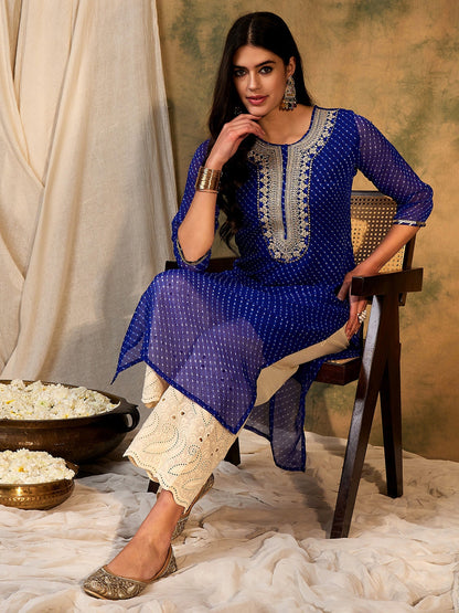 Indo Era Blue Printed Straight Kurtas
