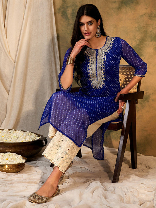 Indo Era Blue Printed Straight Kurtas