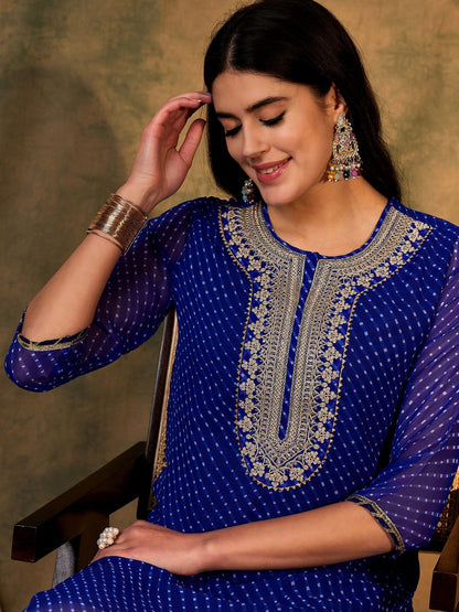 Indo Era Blue Printed Straight Kurtas