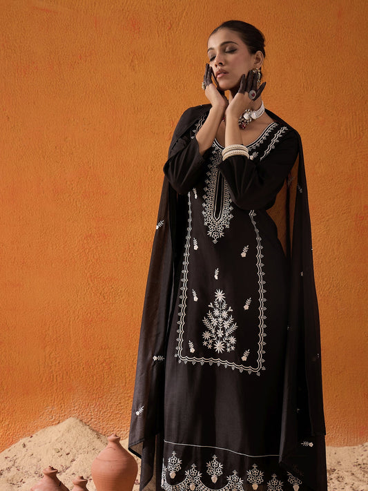 Black Embroidered Straight Kurta Trousers With Dupatta set