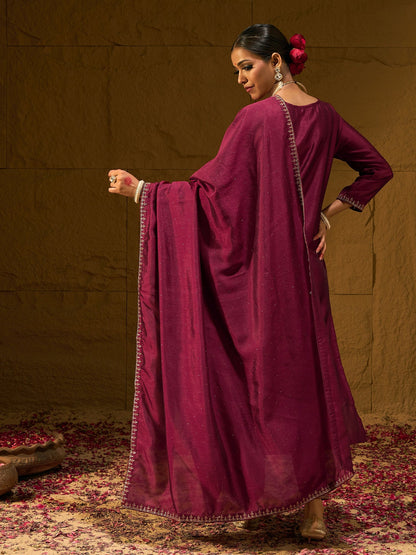 Maroon Embroidered Straight Kurta Trousers With Dupatta set
