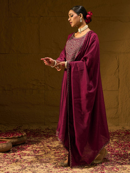 Maroon Embroidered Straight Kurta Trousers With Dupatta set