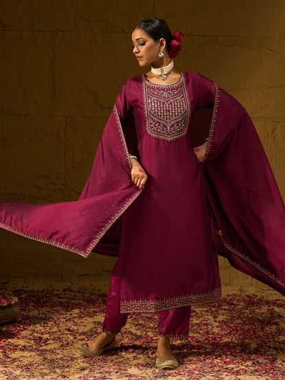 Maroon Embroidered Straight Kurta Trousers With Dupatta set