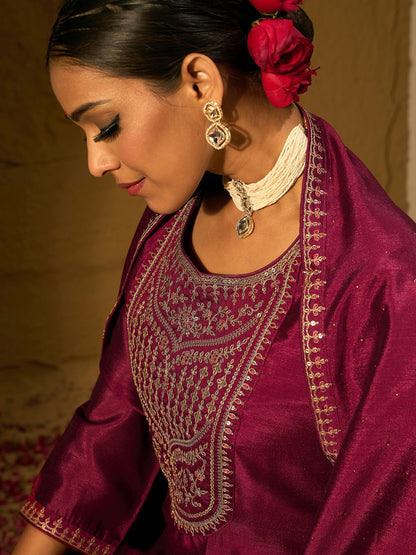 Maroon Embroidered Straight Kurta Trousers With Dupatta set