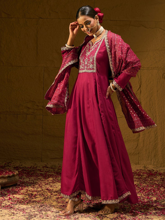 Indo Era Maroon Embroidered Anarkali Kurta Trousers With Dupatta set