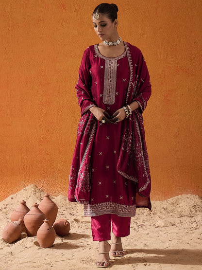Maroon Embroidered Straight Kurta Trousers With Dupatta set