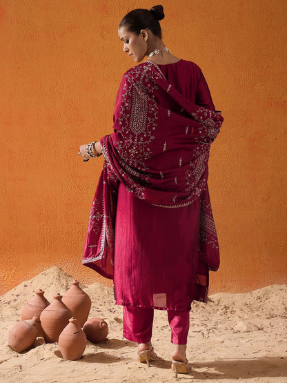 Maroon Embroidered Straight Kurta Trousers With Dupatta set