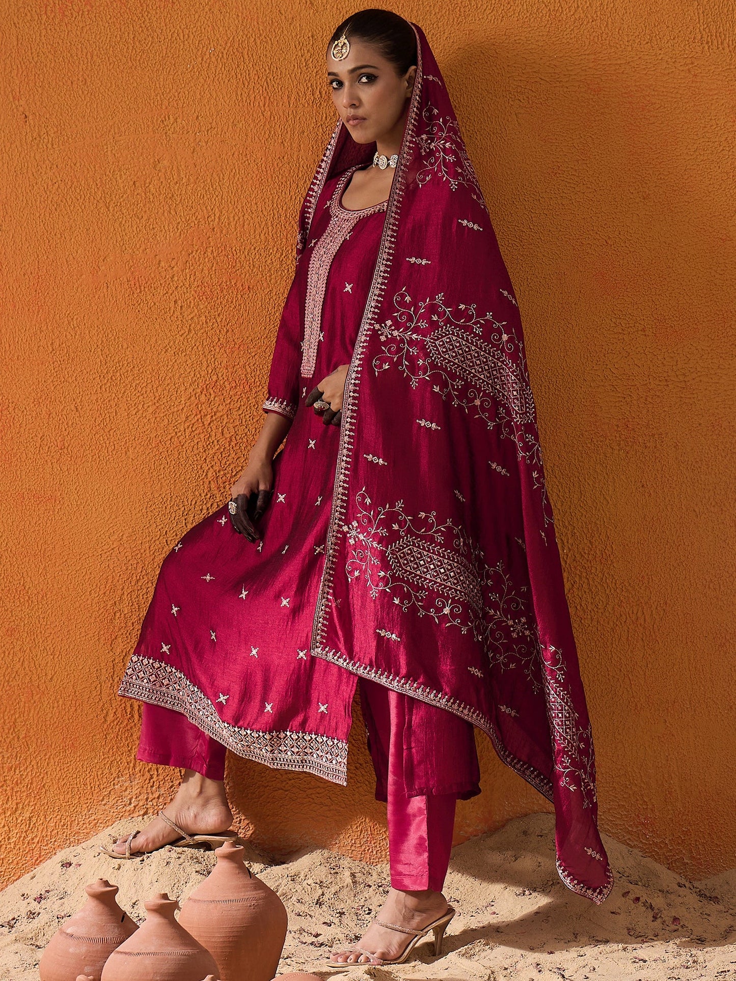 Maroon Embroidered Straight Kurta Trousers With Dupatta set