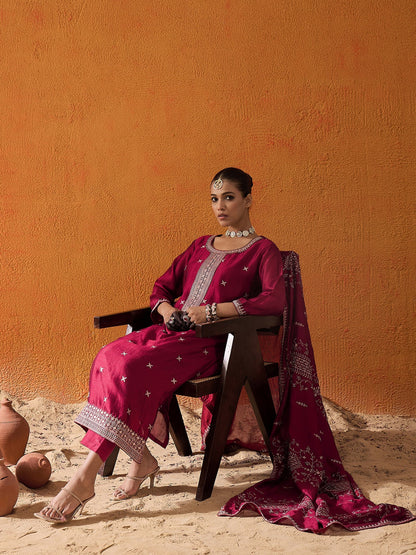 Maroon Embroidered Straight Kurta Trousers With Dupatta set