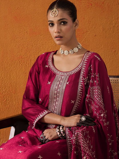 Maroon Embroidered Straight Kurta Trousers With Dupatta set