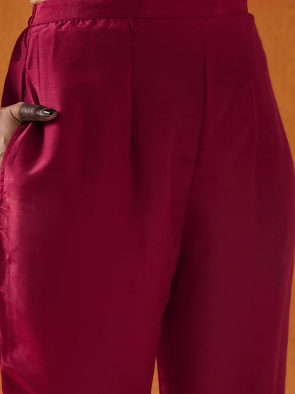Maroon Embroidered Straight Kurta Trousers With Dupatta set