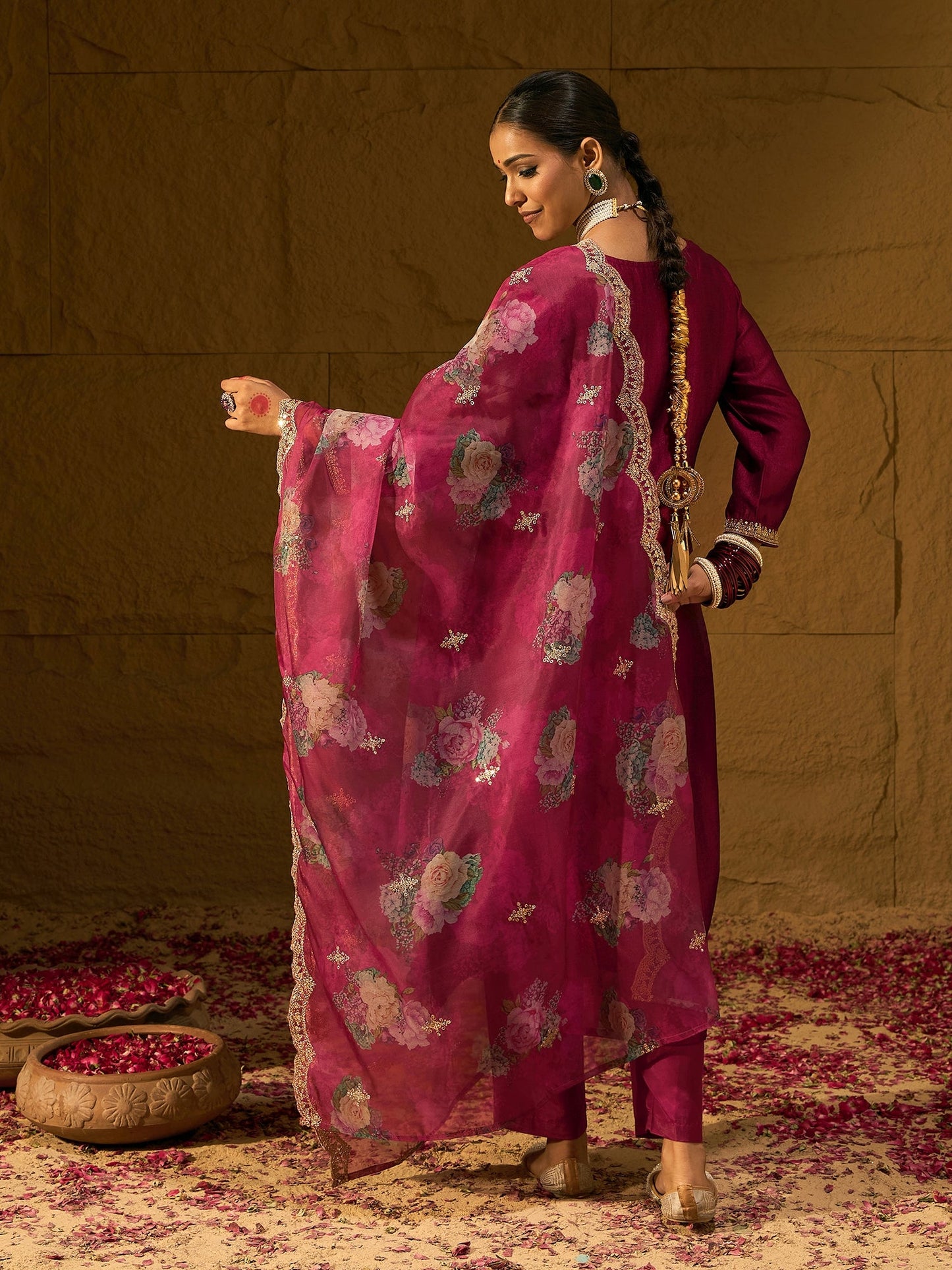 Maroon Embroidered Straight Kurta Trousers With Dupatta set