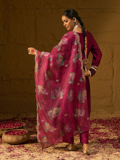 Maroon Embroidered Straight Kurta Trousers With Dupatta set