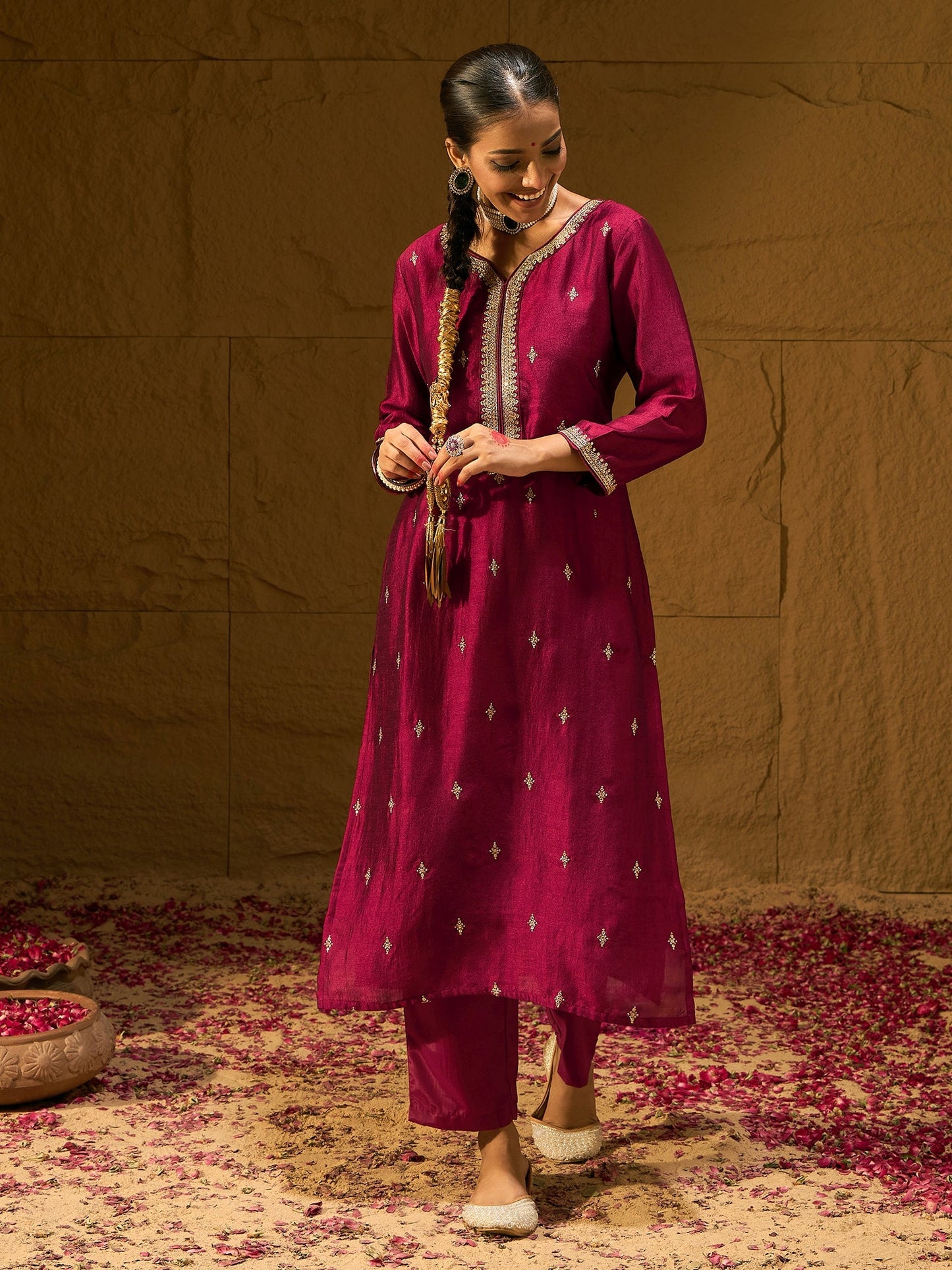 Maroon Embroidered Straight Kurta Trousers With Dupatta set