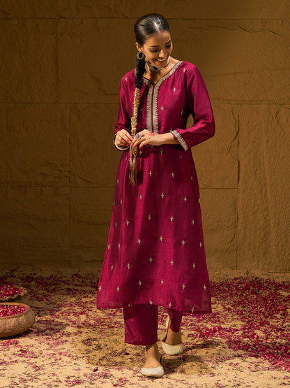 Maroon Embroidered Straight Kurta Trousers With Dupatta set