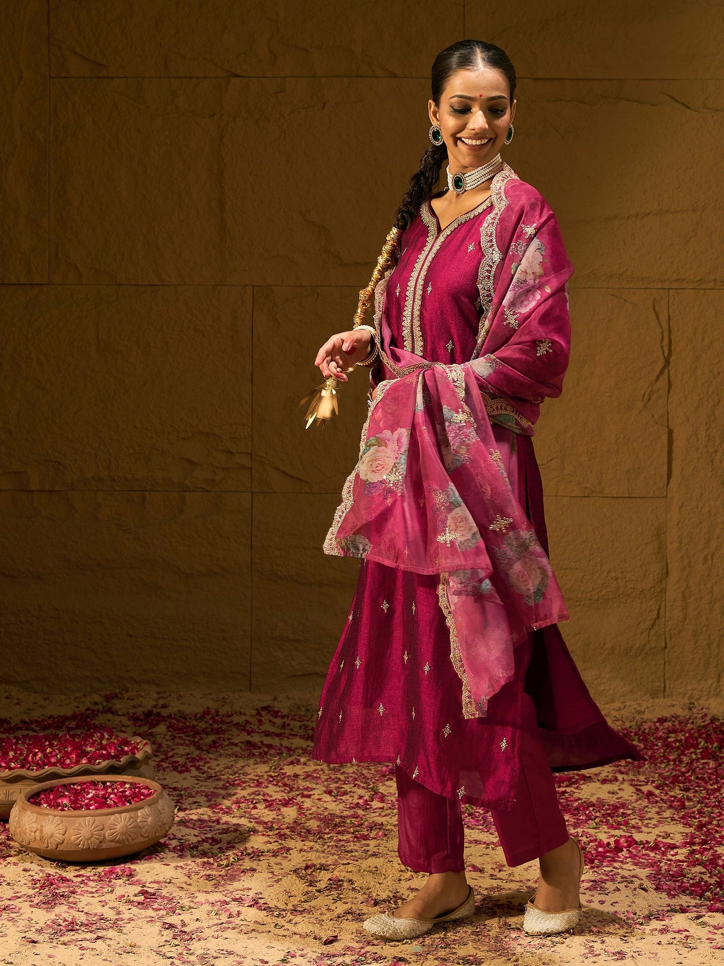 Maroon Embroidered Straight Kurta Trousers With Dupatta set