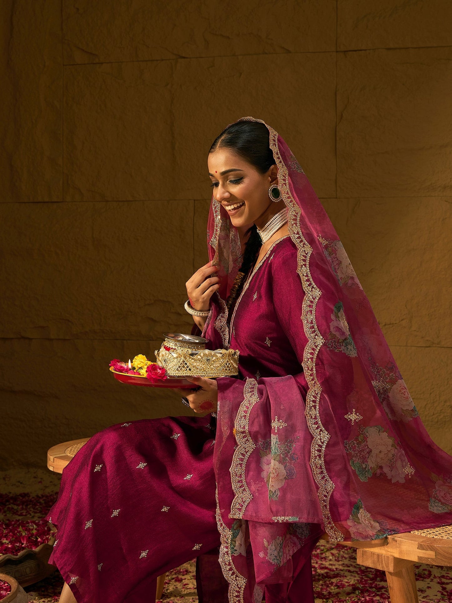 Maroon Embroidered Straight Kurta Trousers With Dupatta set